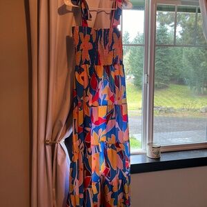 Blue maxi dress tie strap smocked top M-L